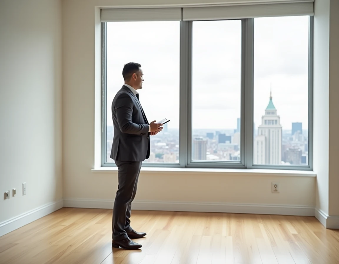 Agent immobilier présentant un appartement rénové avec vue sur la ville dans le marché immobilier 2024