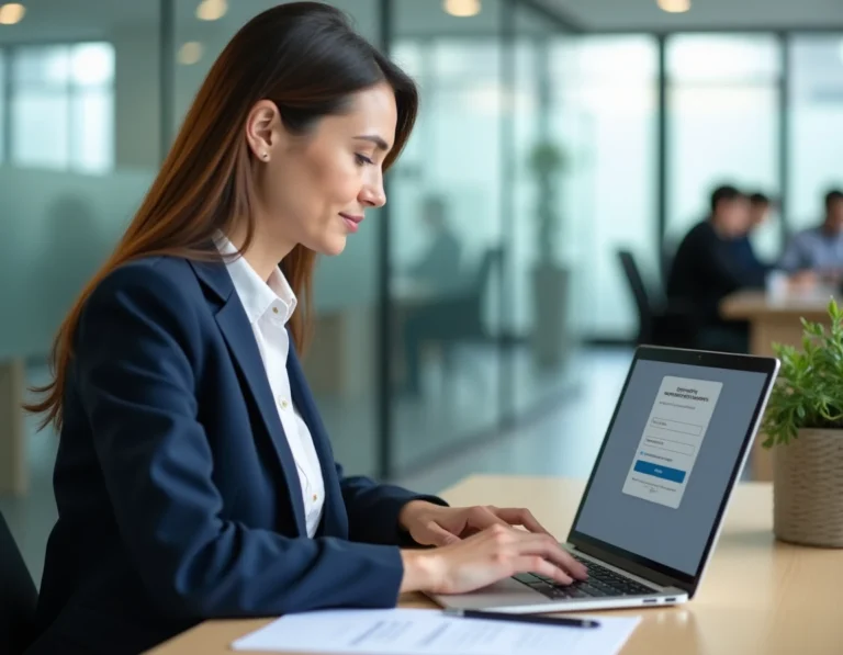 Femme fonctionnaire connectée à son compte agent IntraParis sur un ordinateur portable dans un bureau municipal moderne