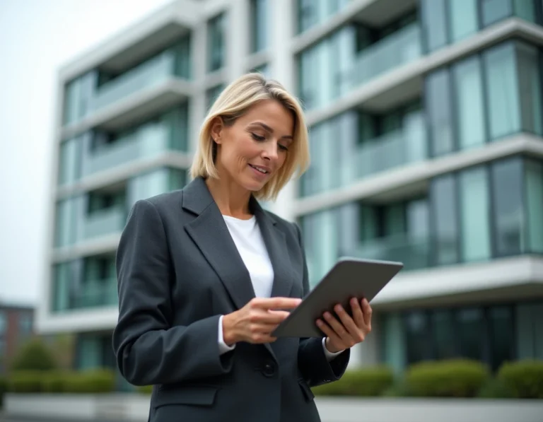 Agente immobilière consultant des documents devant un immeuble résidentiel moderne en verre en 2024