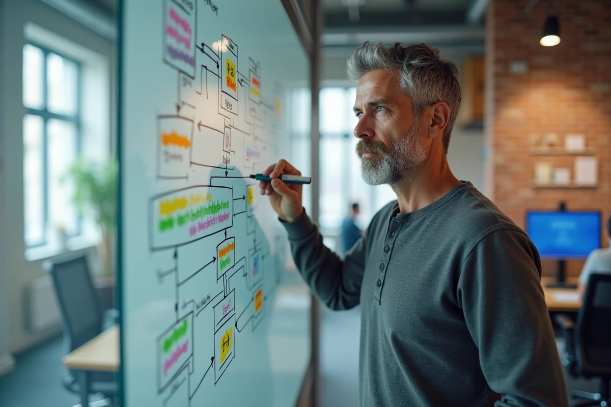 Professionnel UX dessinant une arborescence de navigation de site web sur un tableau blanc en espace de coworking