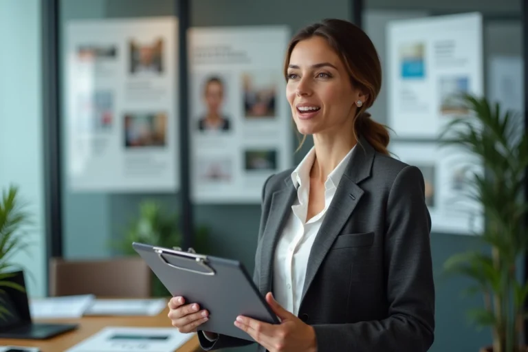 Attachée de presse professionnelle en blazer charbon dans un bureau de communication moderne tenant un clipboard, incarnant le parcours inspirant d'une experte des relations médias