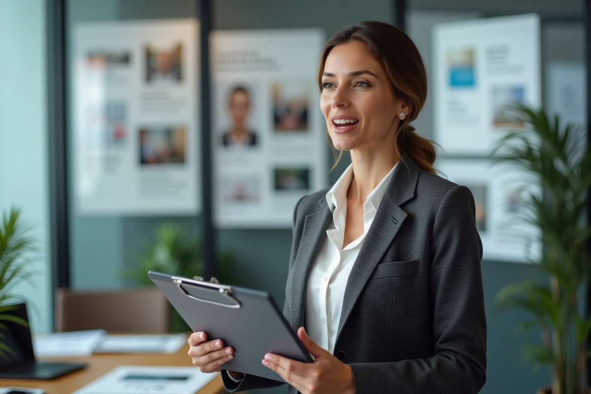 Attachée de presse professionnelle en blazer charbon dans un bureau de communication moderne tenant un clipboard, incarnant le parcours inspirant d'une experte des relations médias