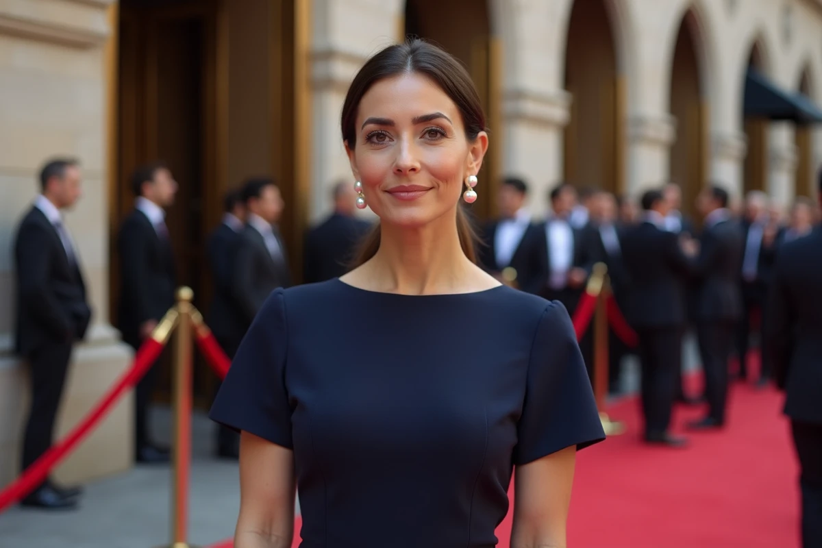 Femme professionnelle en robe marine devant l'entrée d'un festival de cinéma prestigieux, évoquant le rôle d'une attachée de presse aux côtés de célébrités comme Eric Bana
