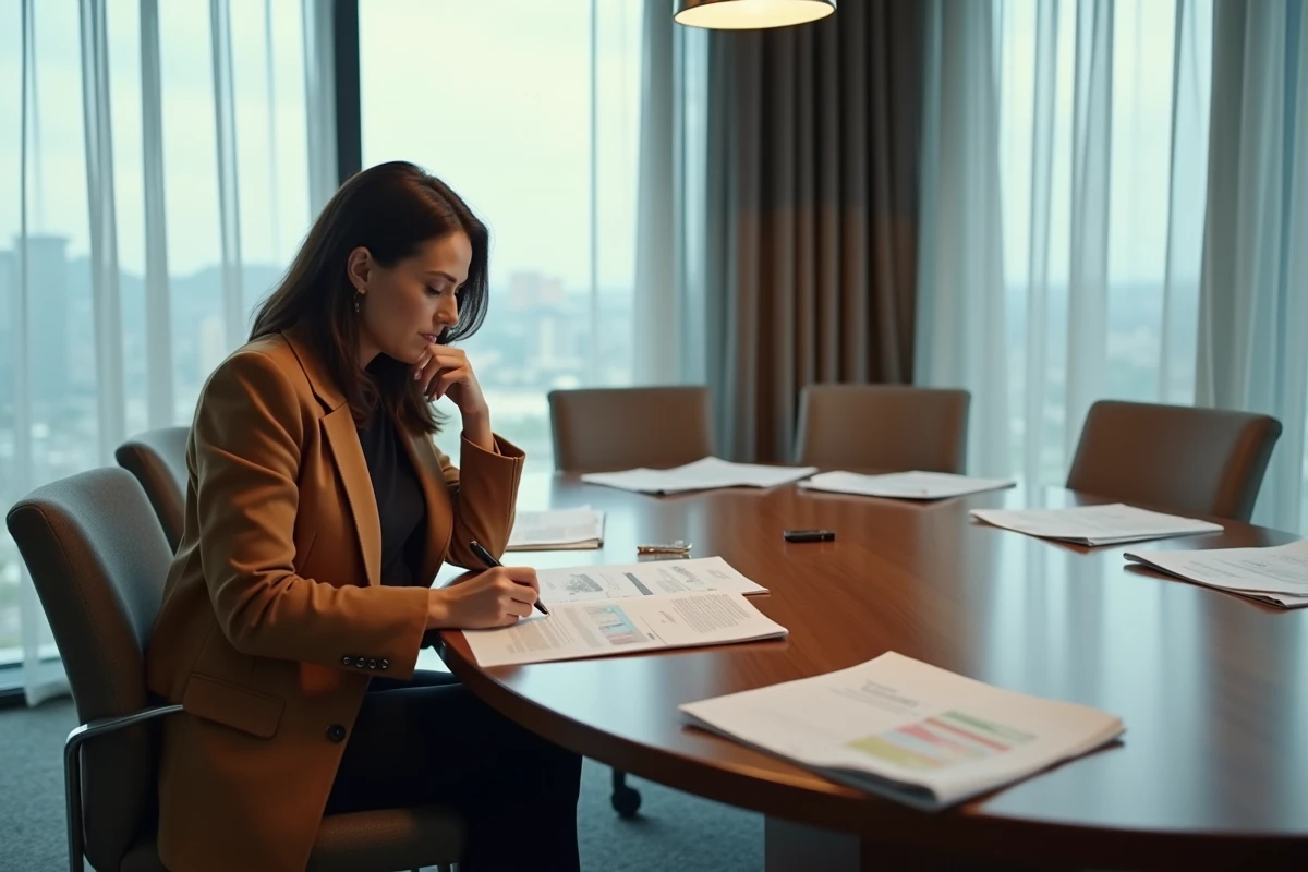 Professionnelle des relations presse analysant des documents dans une salle de réunion d'hôtel de luxe, illustrant le travail méticuleux d'une attachée de presse expérimentée