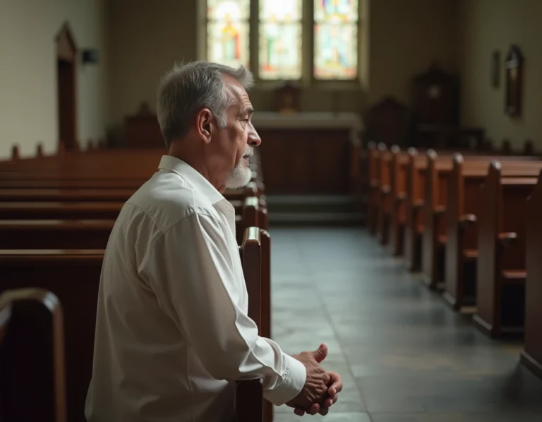 Homme en prière dans une église qui bâille discrètement, illustrant la lutte contre l'endormissement spirituel pendant la prière
