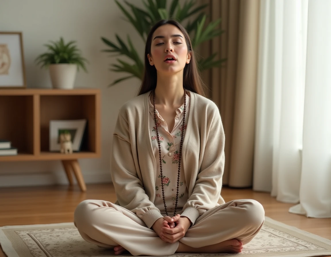 Jeune femme en prière à domicile bâillant sur son tapis de prière, symbolisant la fatigue spirituelle et le besoin de recentrement intérieur