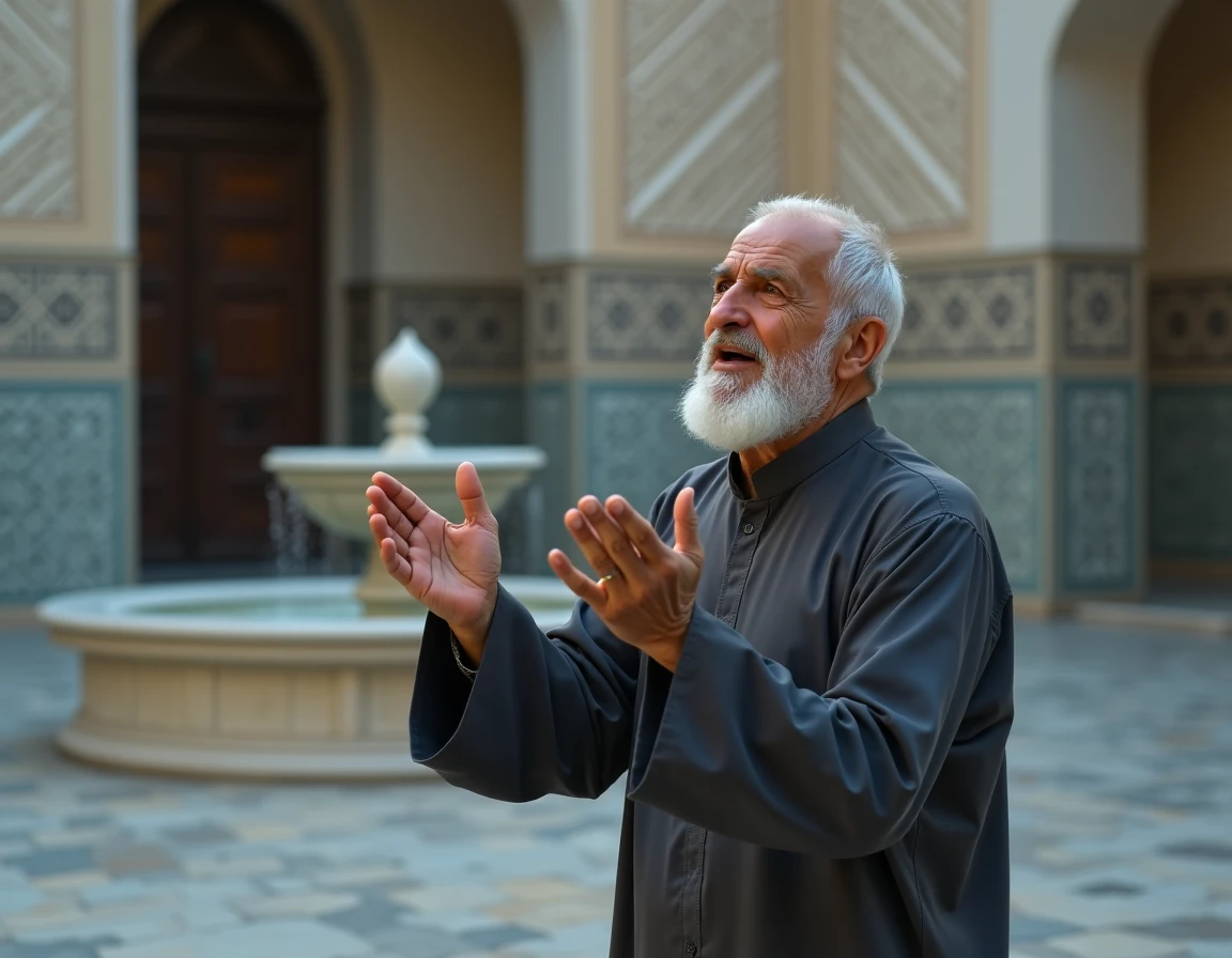Homme âgé bâillant en prière dans la cour d'une mosquée au petit matin, illustrant la fatigue et le combat spirituel pour maintenir la concentration dans la prière