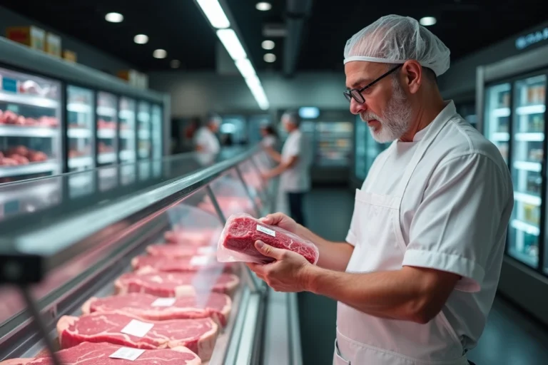 Boucher en tablier blanc inspectant un emballage de viande avec étiquette de traçabilité dans un rayon boucherie de supermarché Lidl