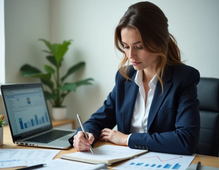 Femme calculant un taux financier sur un cahier avec des feuilles de calcul sur un bureau professionnel