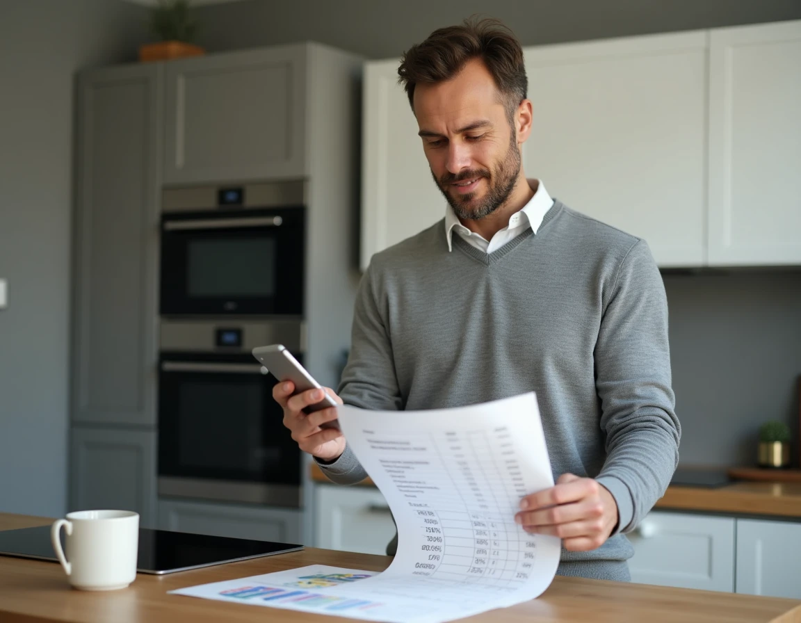 Homme consultant un document de calcul de taux sur son smartphone dans une cuisine moderne