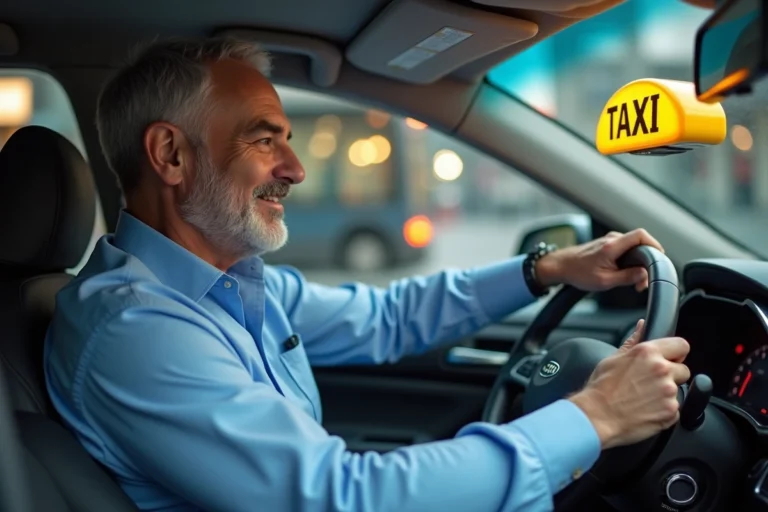 Homme chauffeur de taxi souriant dans sa voiture en ville