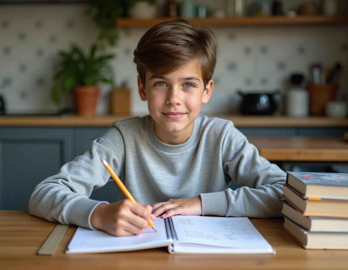 Collégien de cinquième faisant ses devoirs à la maison avec cahiers et manuels scolaires