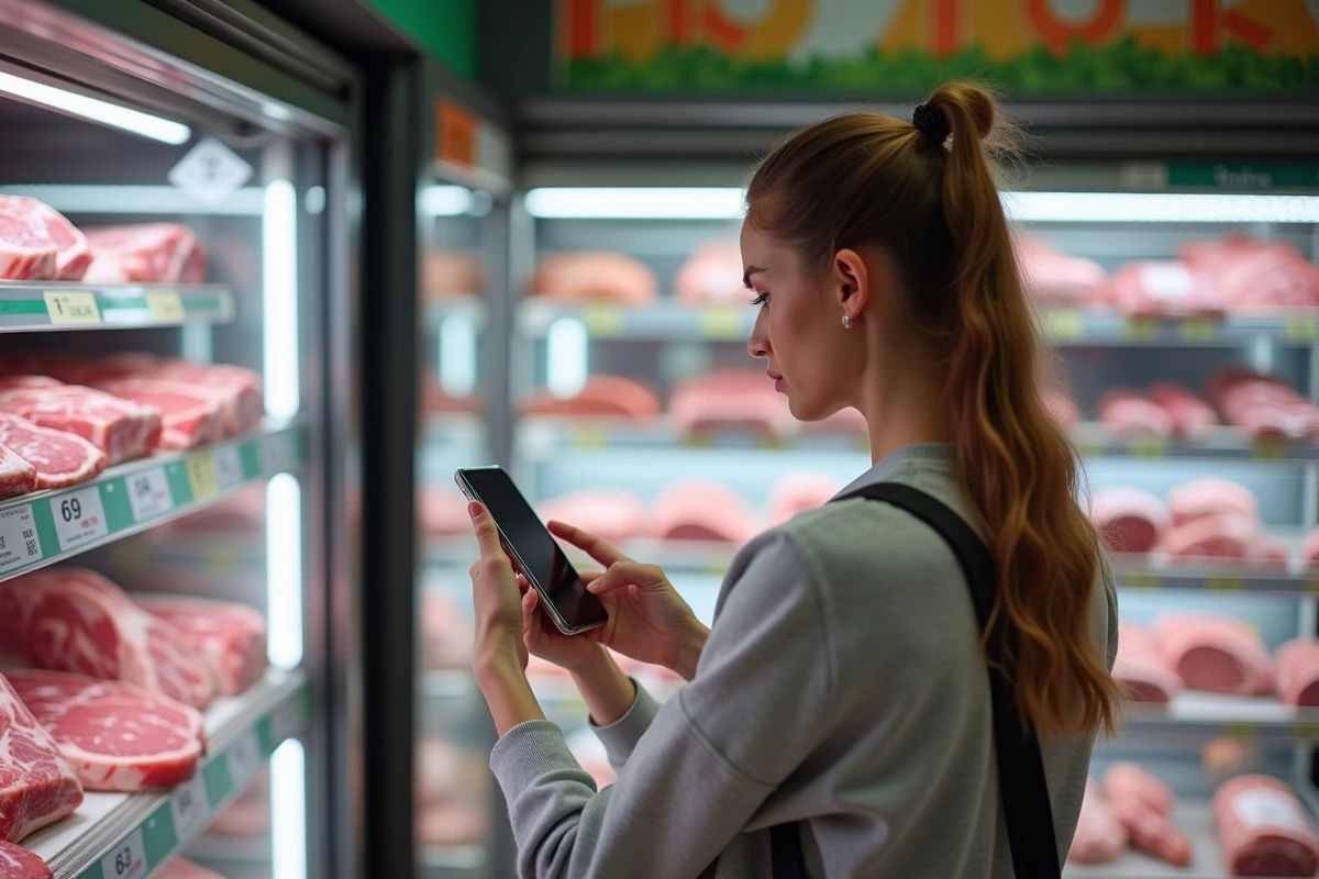 Femme scannant le QR code d'un emballage de viande bœuf dans un rayon Lidl pour vérifier l'origine et la traçabilité du produit