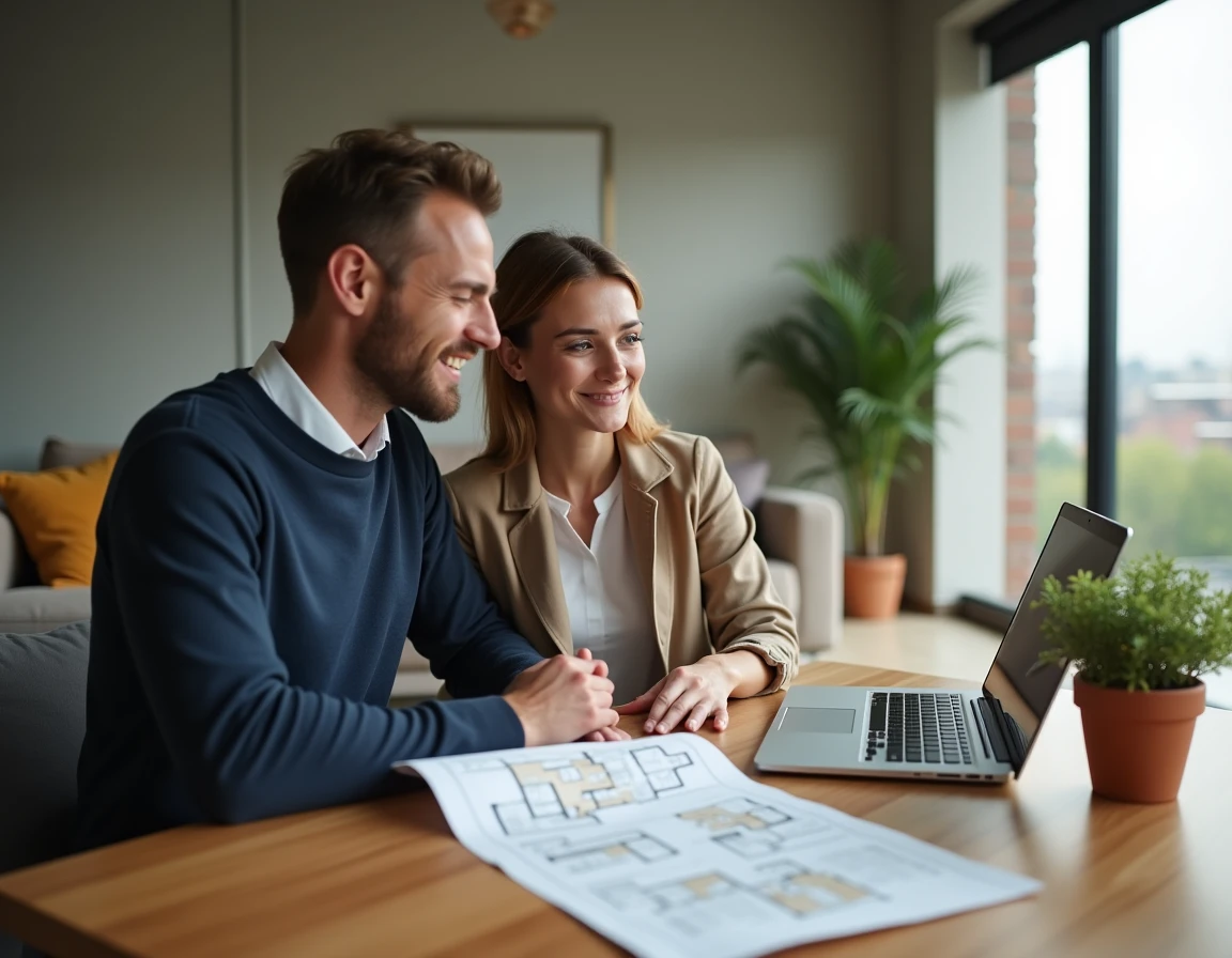 Couple de jeunes acheteurs consultant des plans immobiliers dans un appartement contemporain