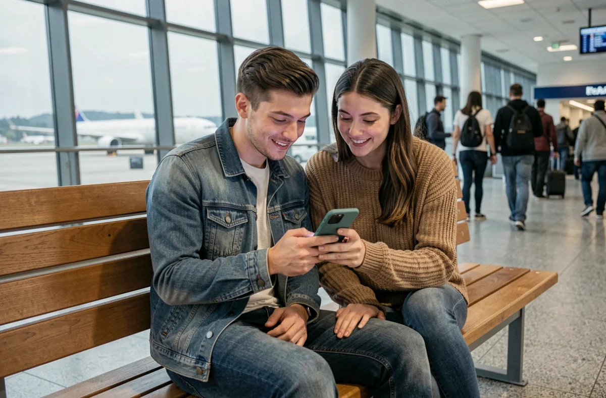 Couple planifiant un voyage en consultant le plan du site Seek and Travel sur smartphone à l'aéroport
