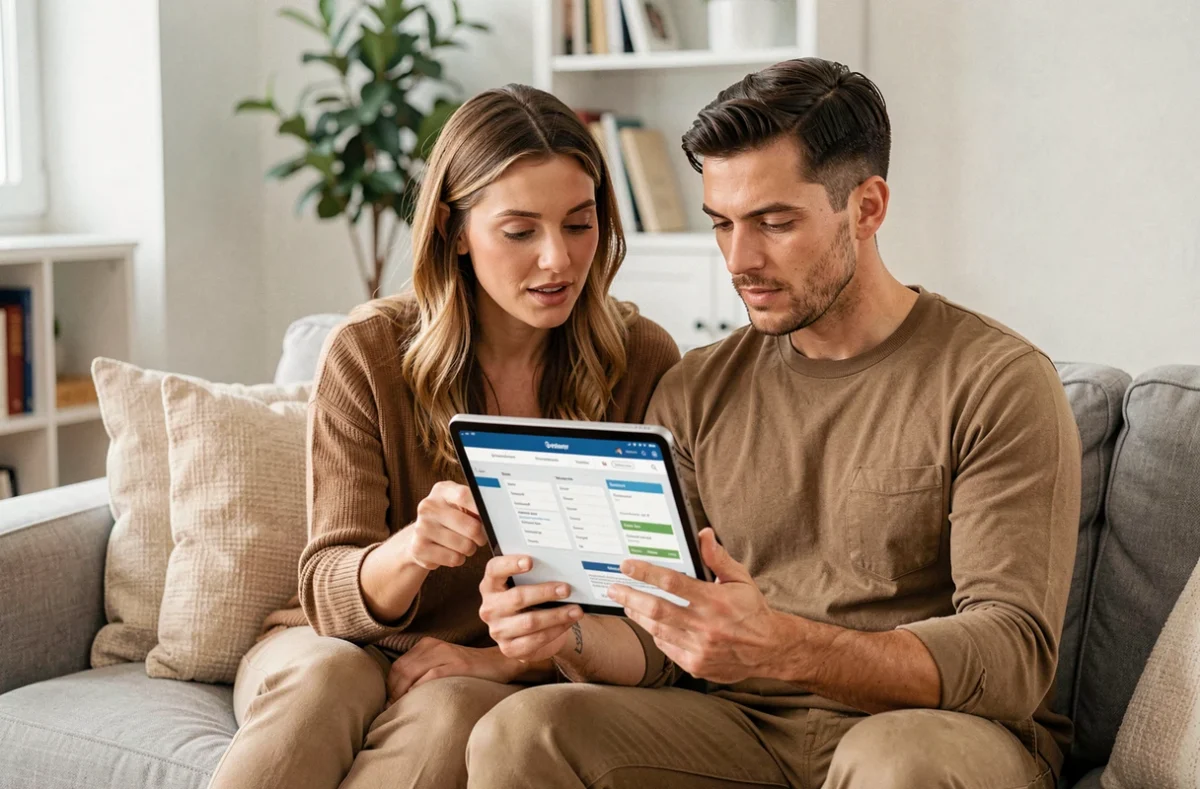 Couple de parents consultant ensemble un service de planification familiale en ligne sur une tablette dans leur salon