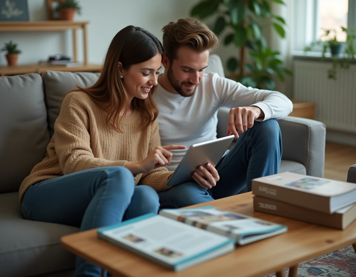 Couple planifiant une location Airbnb avec des chèques vacances ANCV posés sur une table basse dans un salon