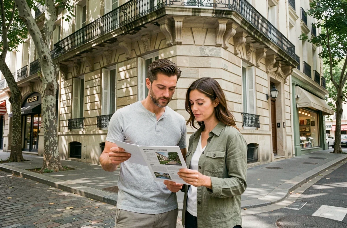 Couple examinant une annonce immobilière devant un immeuble en pierre dans une rue parisienne typique