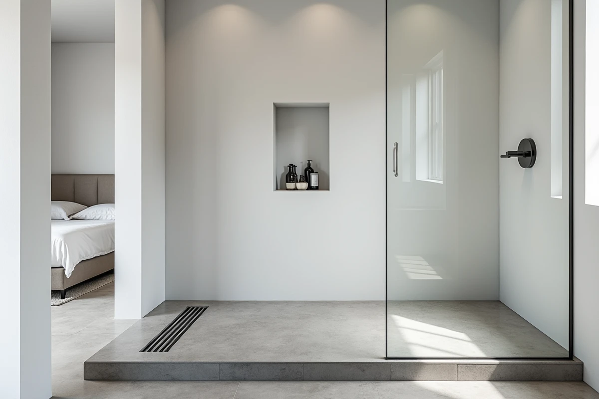 Douche italienne à receveur extra-plat encastré au niveau du sol avec paroi en verre dans une salle d'eau parentale