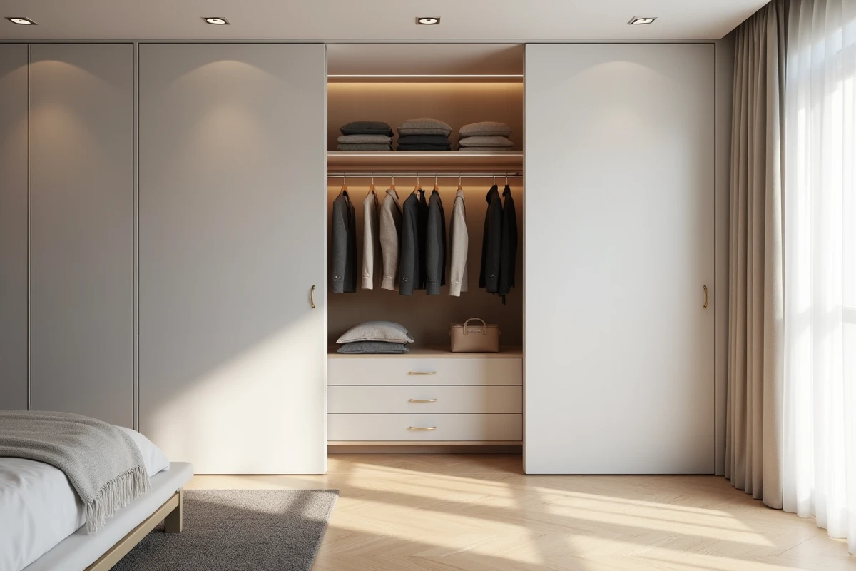 Dressing linéaire derrière une paroi mi-hauteur en plâtre blanc dans une suite parentale de 15m2