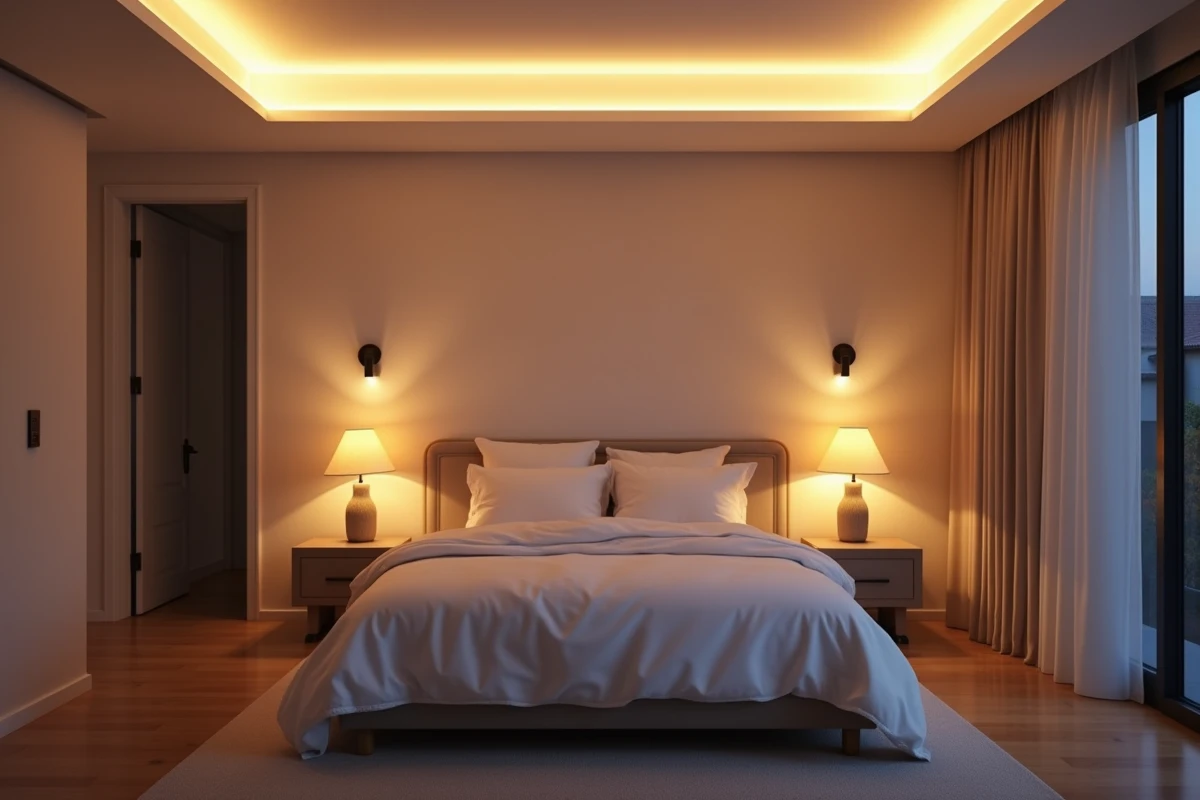 Suite parentale avec éclairage superposé en couches combinant spots encastrés, appliques murales et lampadaire