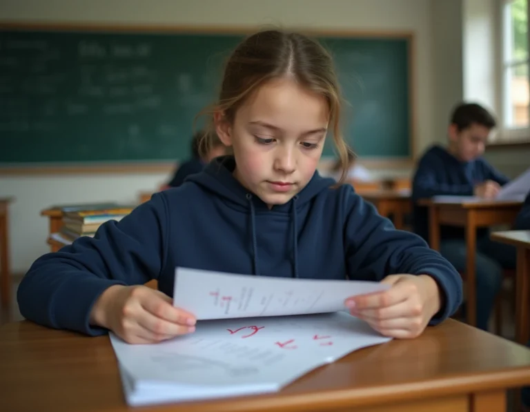 Élève de 5e examinant sa feuille de note avec annotations rouges dans une salle de classe française