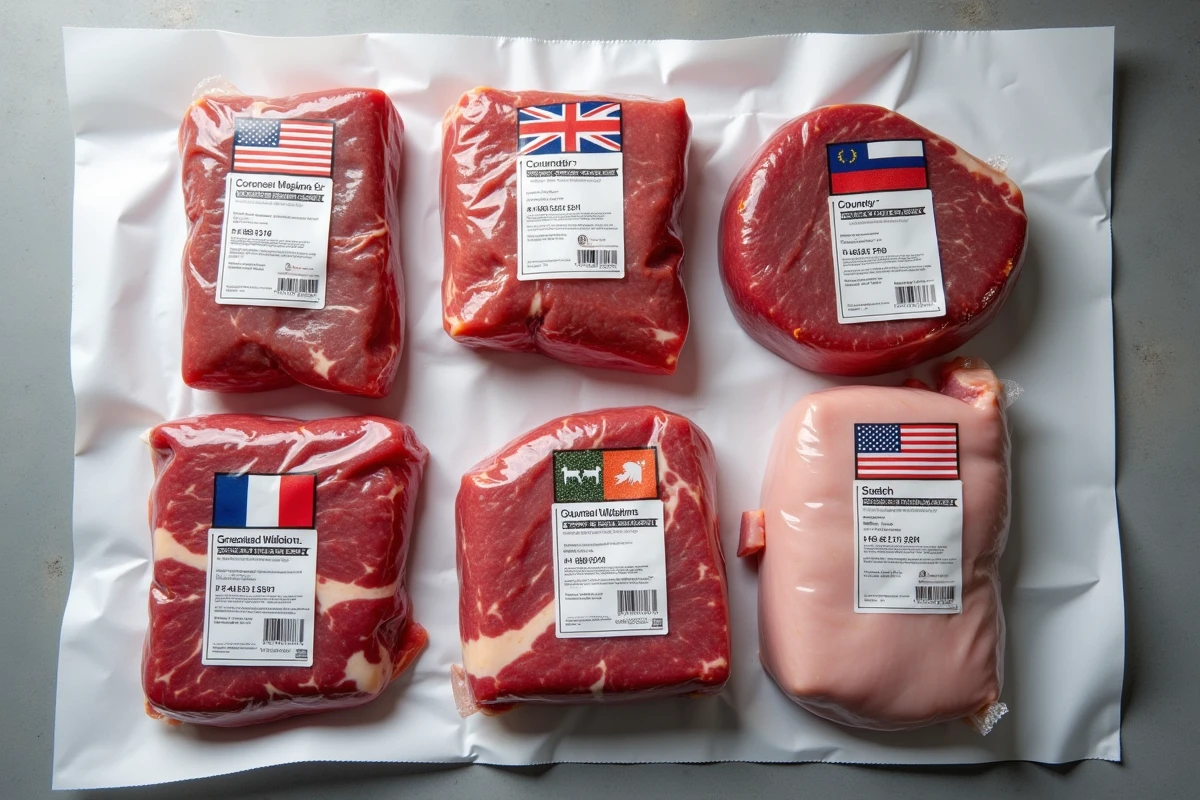 Vue aérienne d'emballages de viande bœuf et porc avec étiquettes de traçabilité, numéros de lot et indication du pays d'origine visibles
