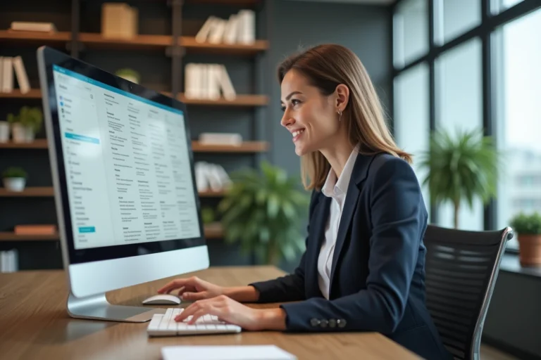 Femme en bureau organisant ses emails et calendrier
