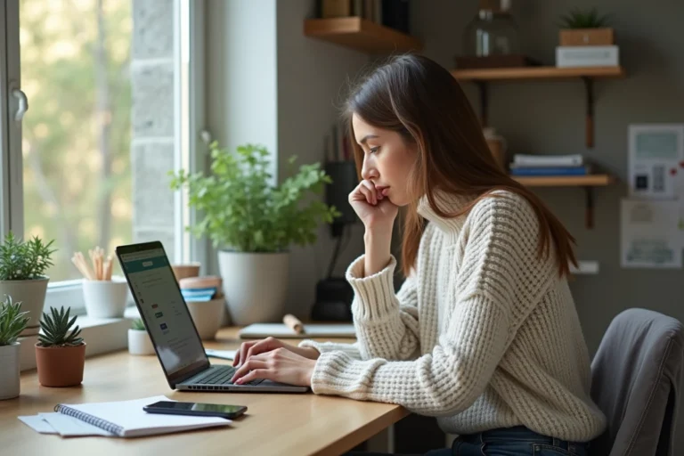 Jeune femme au bureau organisant ses liens sociaux