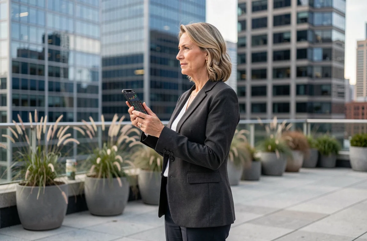Femme cadre sur une terrasse urbaine consultant les marchés financiers sur smartphone avec panorama de gratte-ciel en arrière-plan