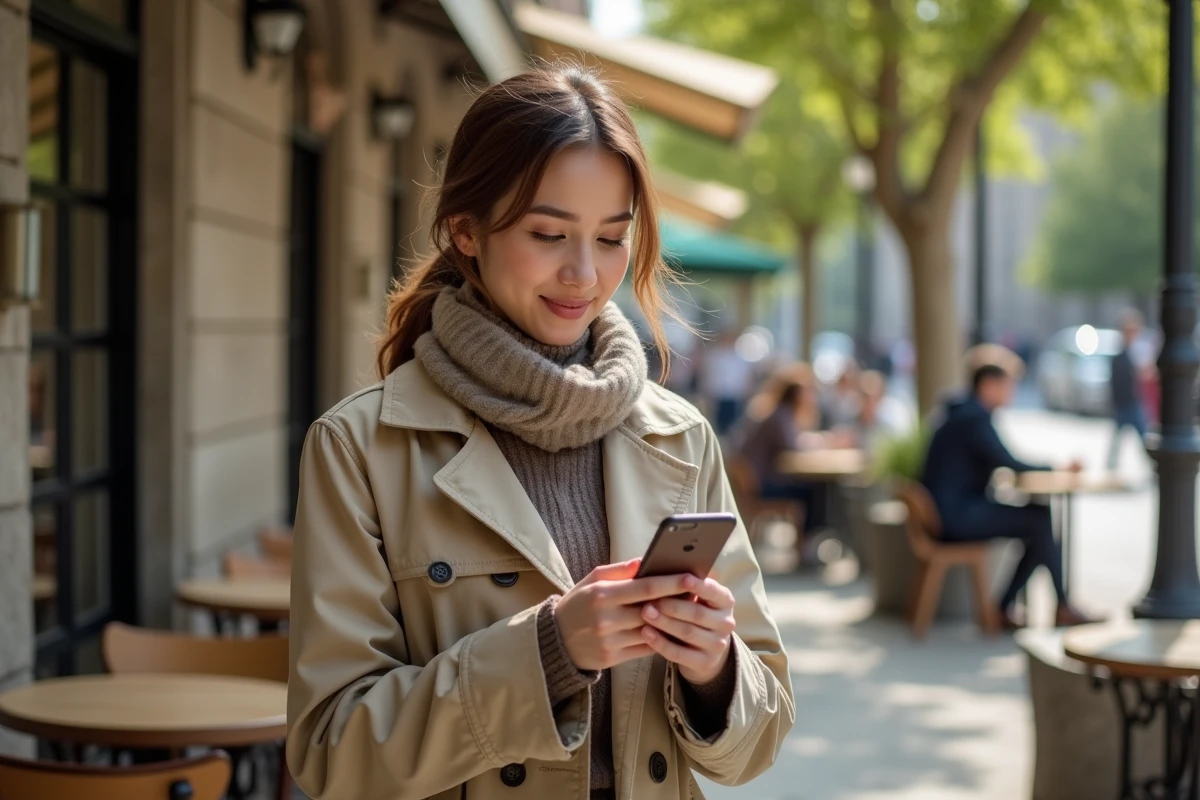 Jeune femme au café vérifiant son smartphone en souriant