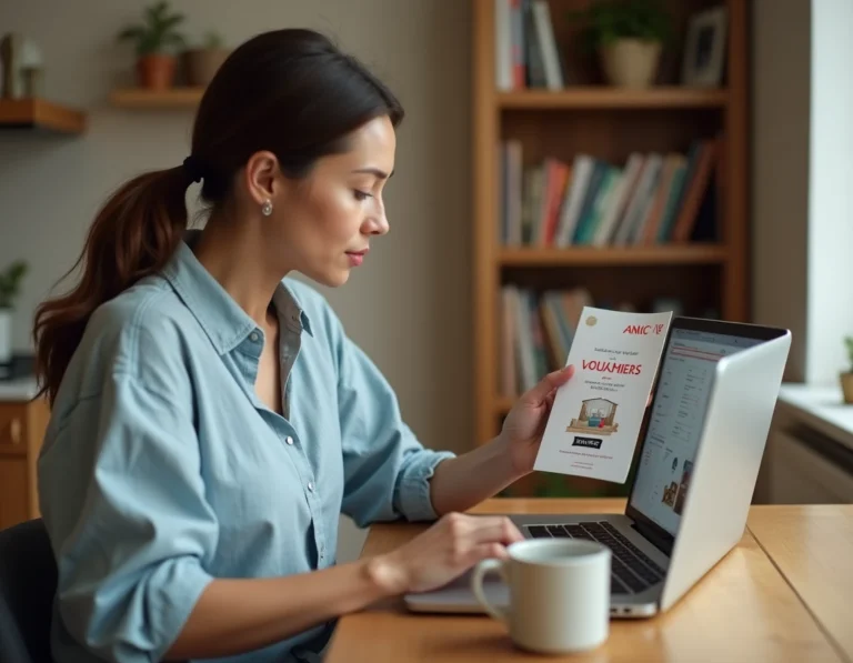 Femme consultant le site Airbnb sur un ordinateur portable en tenant des chèques vacances ANCV à la maison