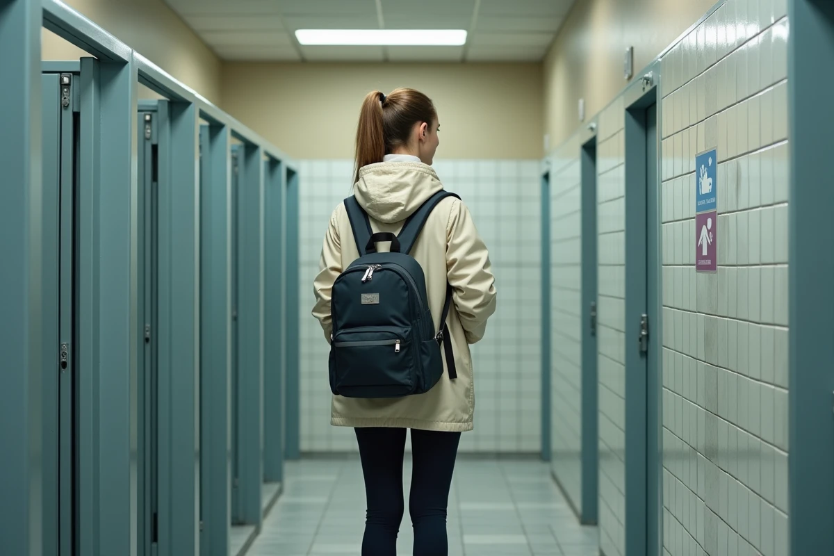 Jeune femme ajustant son sac dans une douche de l
