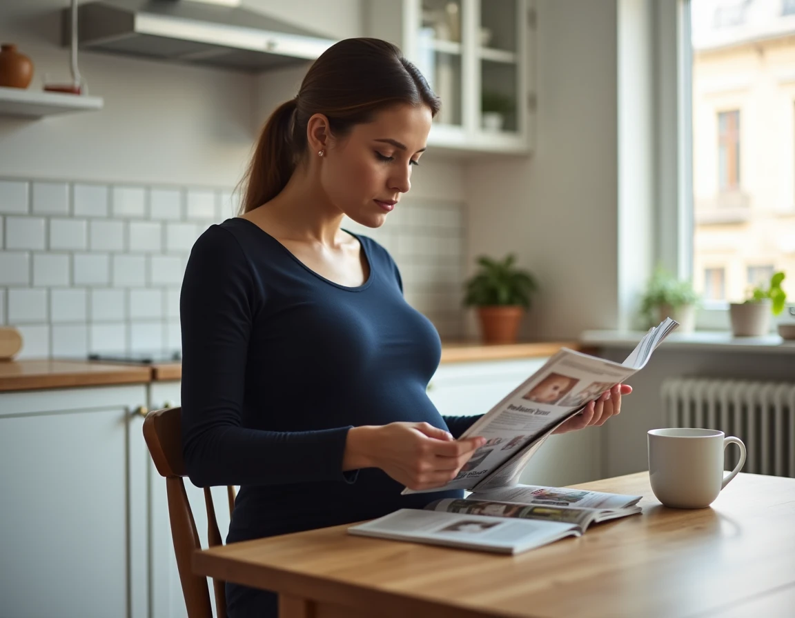 Femme enceinte lisant un magazine de parentalité attablée dans une cuisine moderne et lumineuse