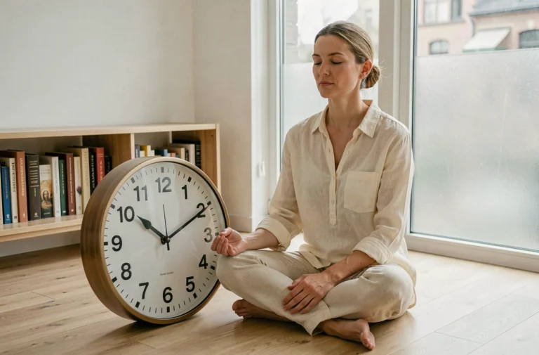 Femme en méditation près d'une horloge analogique affichant 12h13, symbolisant la signification spirituelle de l'heure miroir en numérologie