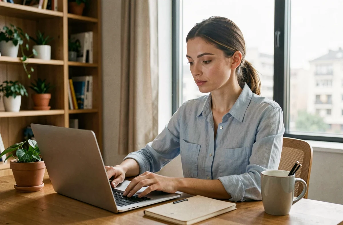 Femme consultant le plan du site Seek and Travel sur un ordinateur portable dans un bureau à domicile cosy