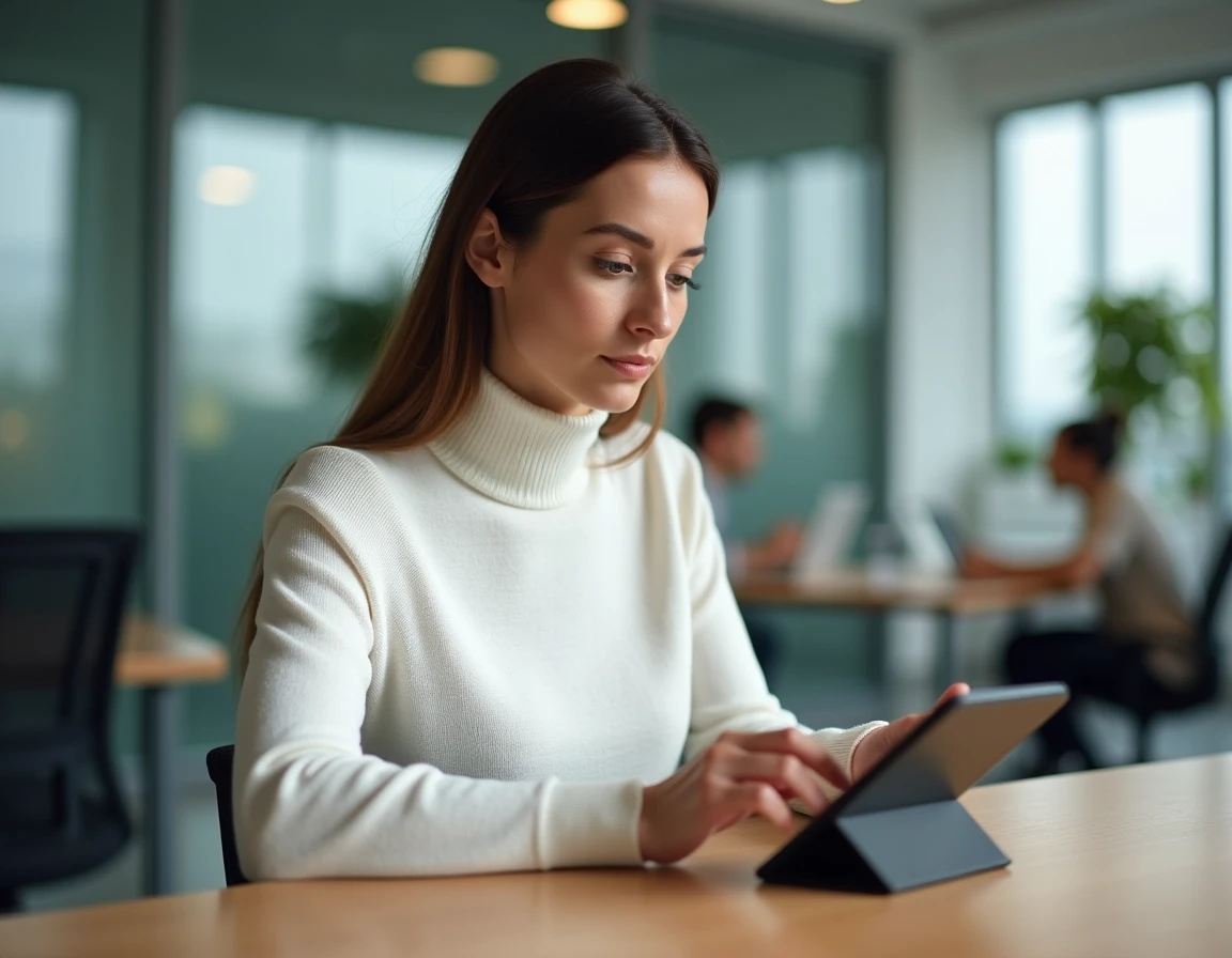 Femme utilisant un smartphone pliable dans un espace de travail high-tech moderne