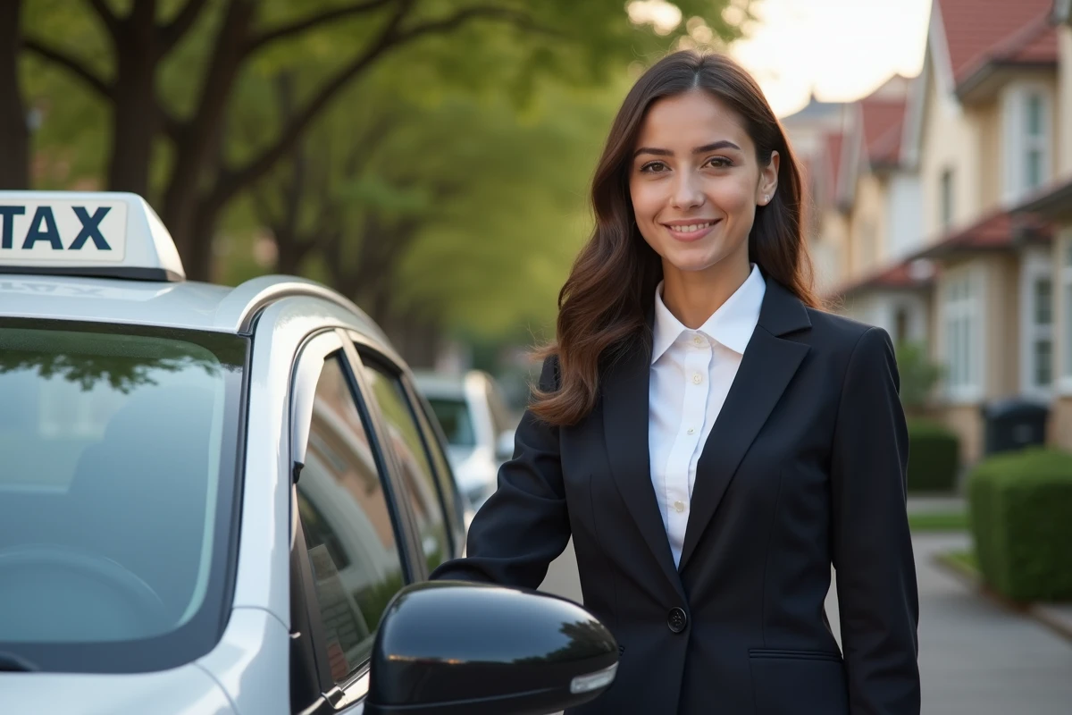 Jeune femme chauffeur de taxi posant à côté de son véhicule