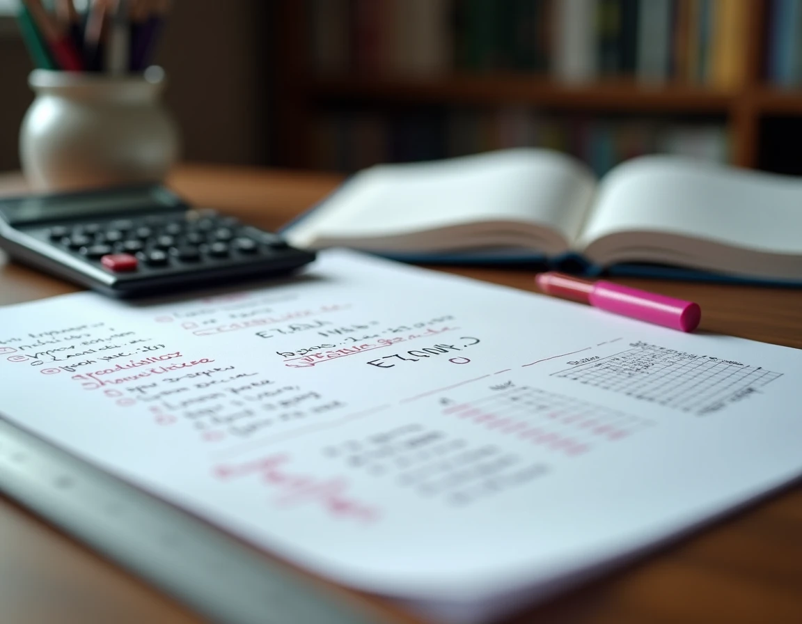 Gros plan sur une feuille de calcul manuscrite avec annotations en mauve et calculatrice sur un bureau en bois