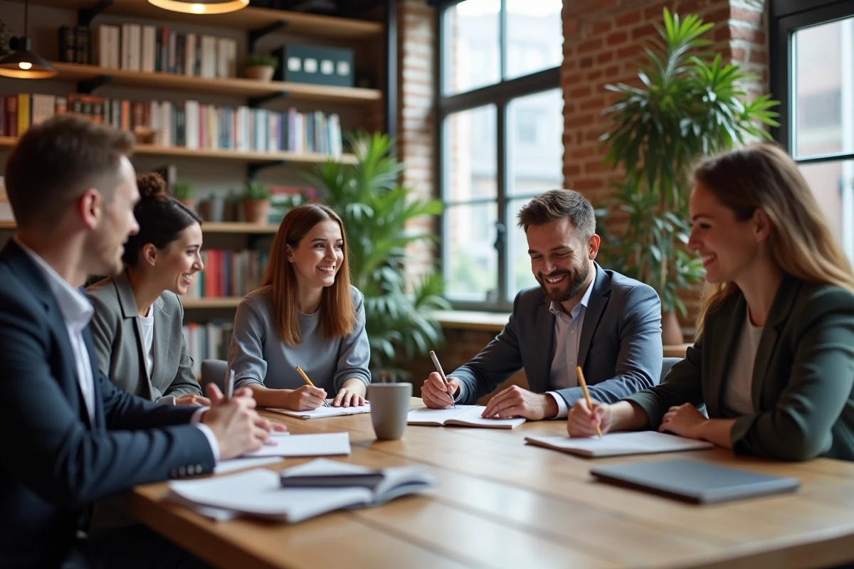 Groupe de professionnels en réunion dans un espace de coworking