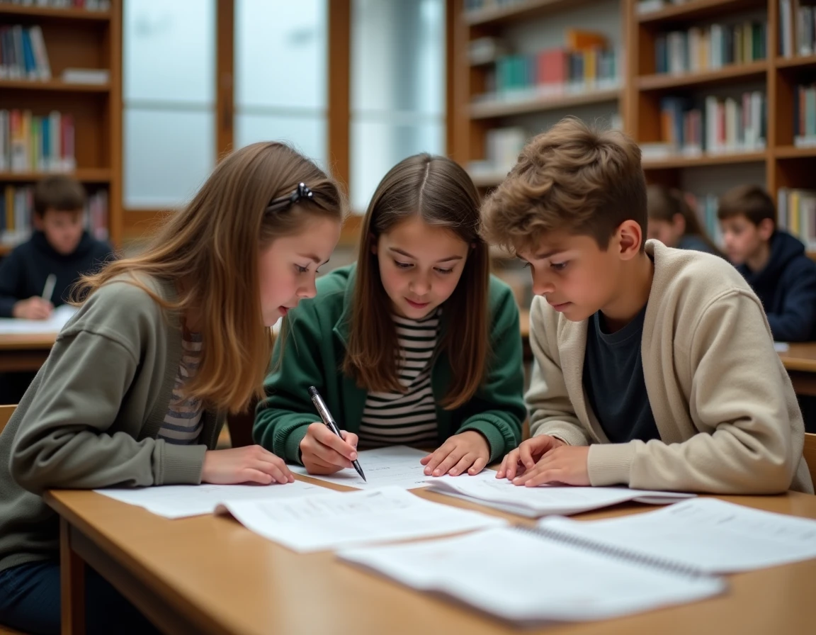 Groupe d'élèves de 5e comparant leurs résultats scolaires dans une bibliothèque de collège