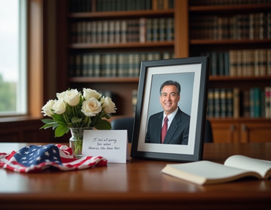 Photo hommage encadrée sur un bureau avec des roses blanches et un drapeau américain plié, mémorial en honneur de Cody James Reedy de NCIS