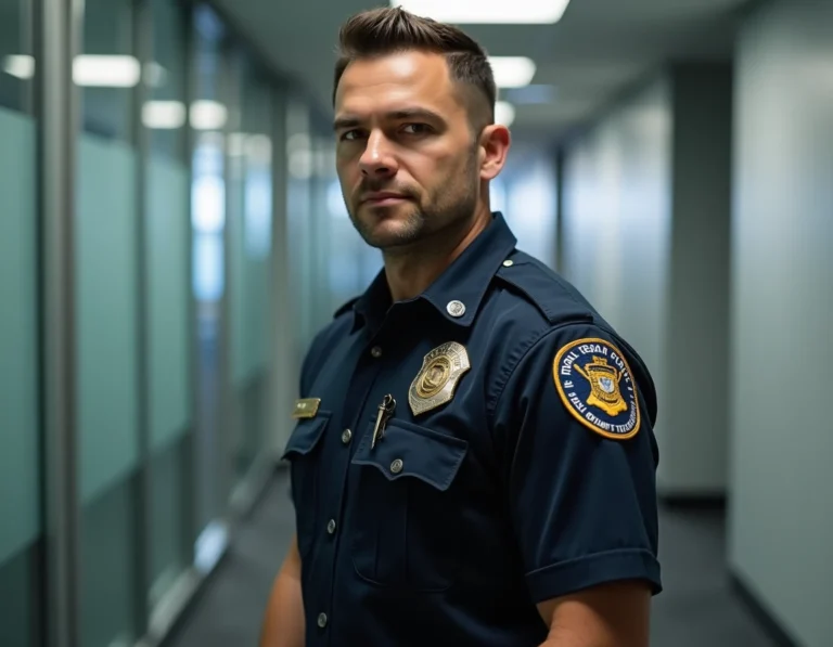 Acteur en uniforme tactique sombre dans un couloir de bureau fédéral, ambiance série policière NCIS saison 17