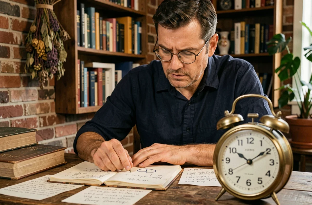 Homme étudiant la numérologie à son bureau avec une horloge affichant 12h13 et des notes manuscrites sur les heures miroirs