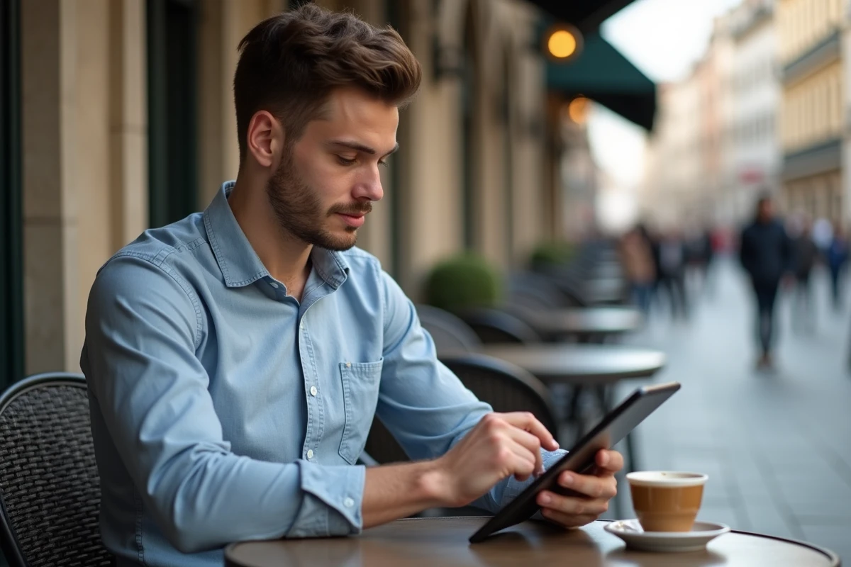 Jeune homme au café utilisant une tablette pour réseaux sociaux