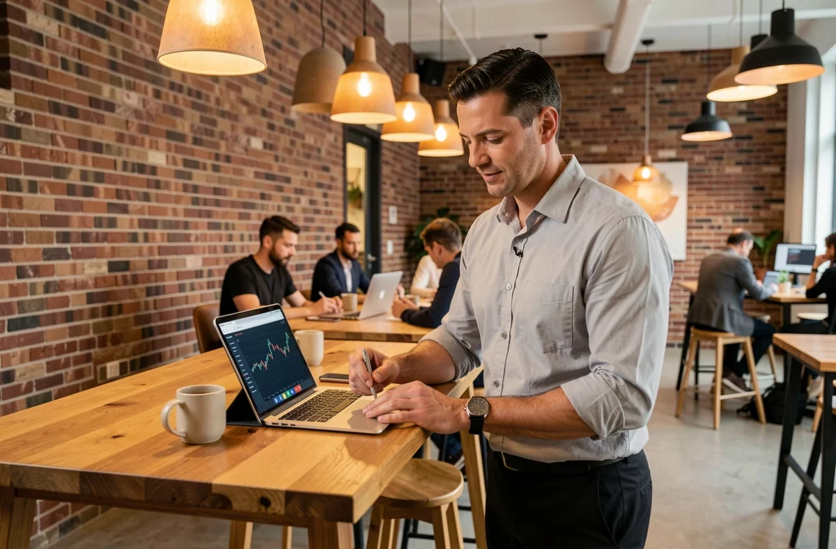 Homme d'affaires consultant une application financière sur tablette dans un espace de coworking moderne