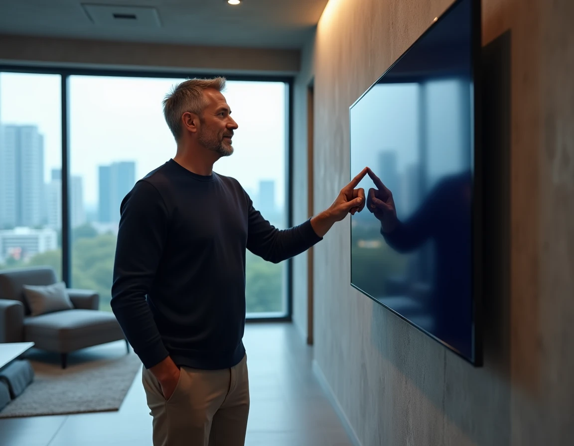 Homme interagissant avec un panneau domotique dans un salon connecté et moderne