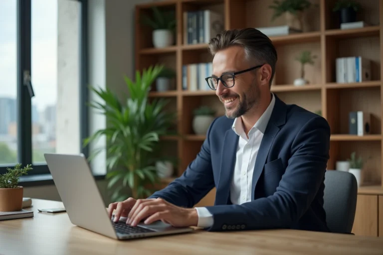 Homme d affaires en bureau moderne vérifiant ses finances