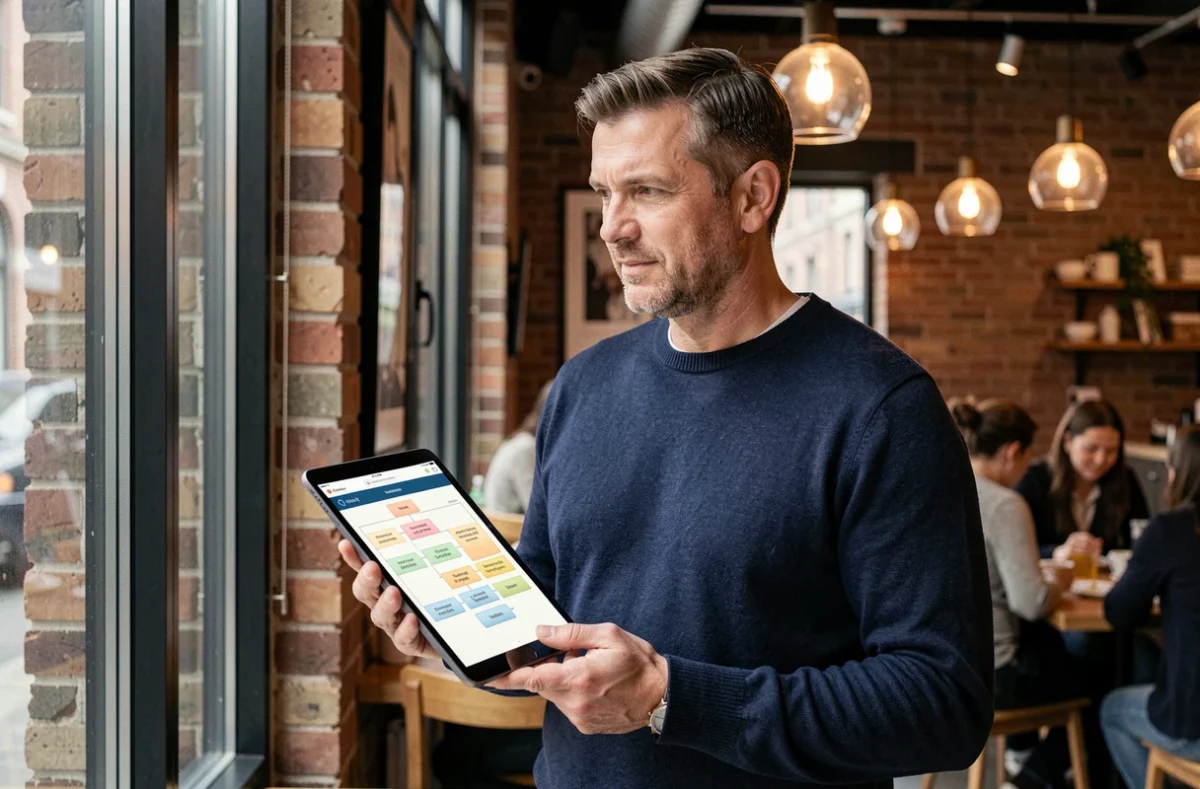 Homme consultant un plan de site de voyage sur tablette dans un café urbain moderne