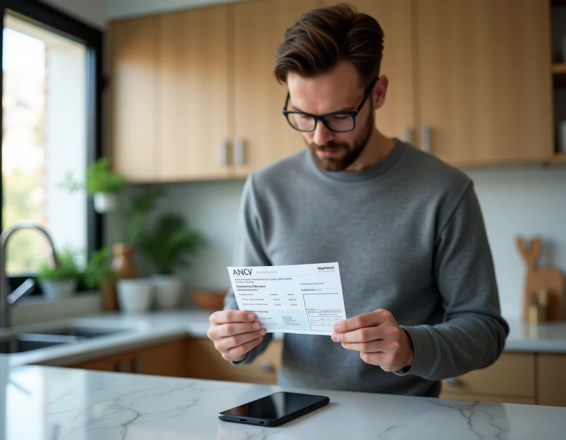 Homme examinant un chèque vacances ANCV dans une cuisine moderne avec smartphone affichant une réservation de voyage